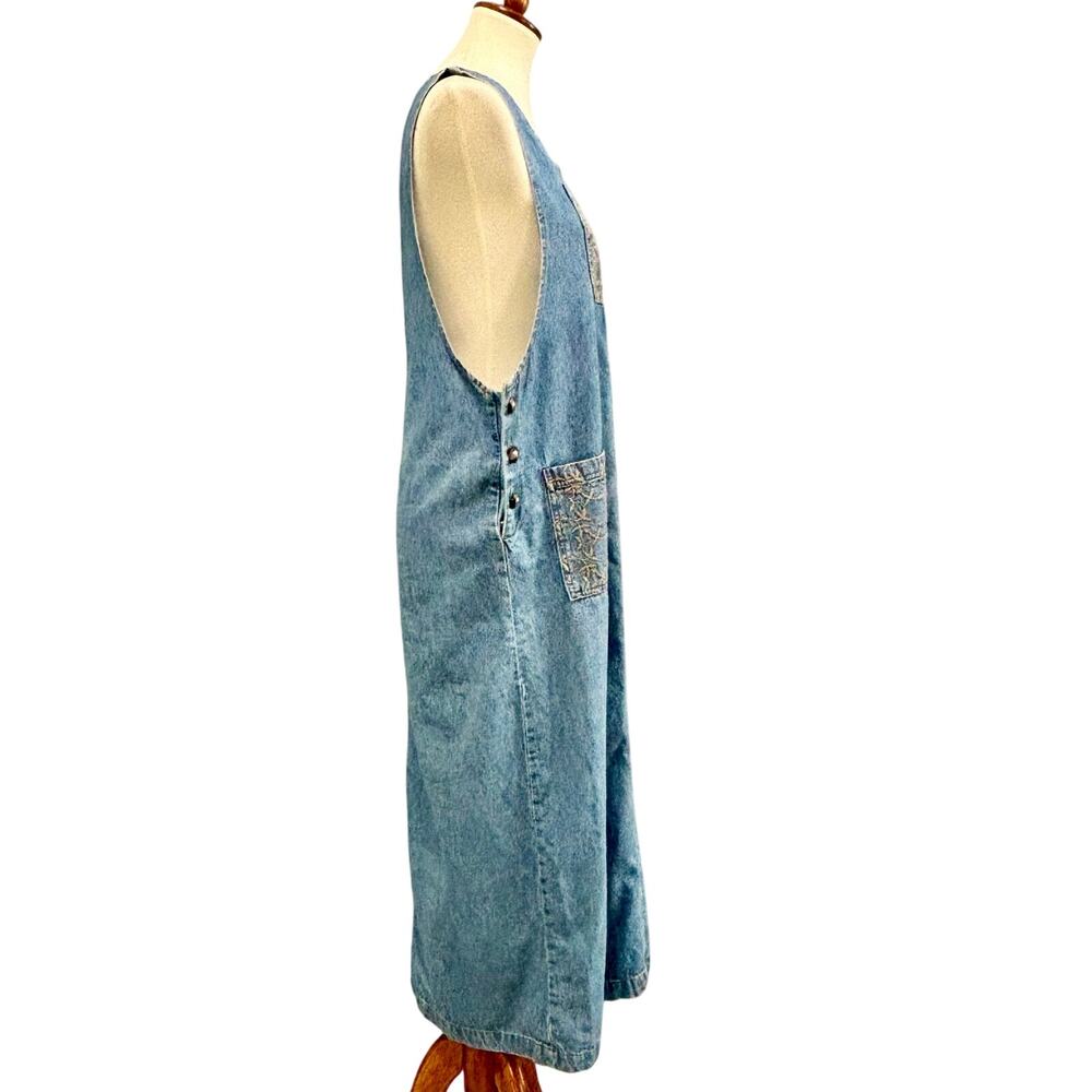 VTG 90s Denim Prairie Dress Trad Wife Alexandra Lee Embroidered Cottagecore Farm - Picture 4 of 8